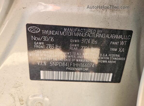 5NPD84LF1HH166074 2017 HYUNDAI ELANTRA Beige VIN კოდის სტიკერის ხედი