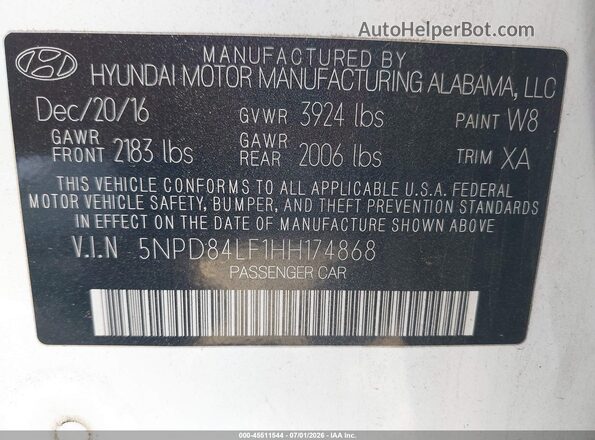 5NPD84LF1HH174868 2017 HYUNDAI ELANTRA White Widok komory silnika