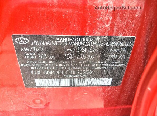 5NPD84LF1HH203138 2017 HYUNDAI ELANTRA Red Vista de la etiqueta del VIN