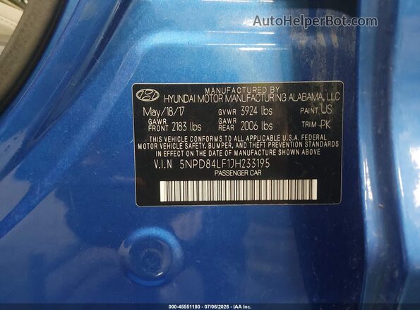 5NPD84LF1JH233195 2018 HYUNDAI ELANTRA Синий Вид подкапотного пространства