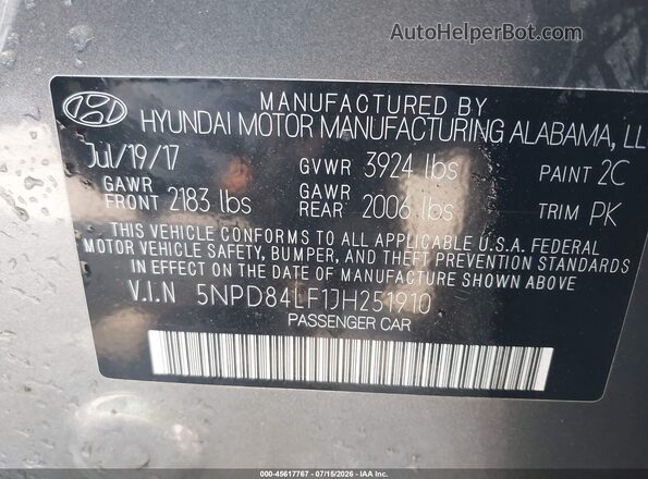 5NPD84LF1JH251910 2018 HYUNDAI ELANTRA Серый Вид подкапотного пространства