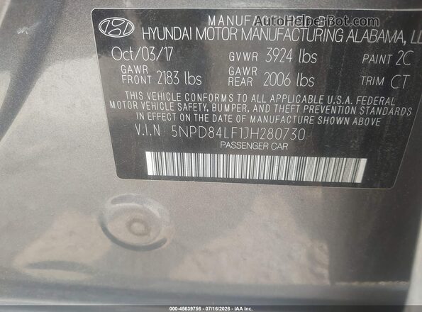 5NPD84LF1JH280730 2018 HYUNDAI ELANTRA Gray ძრავის განყოფილების ხედი