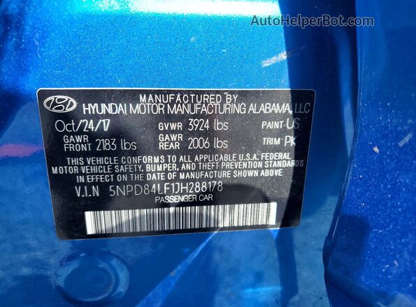 5NPD84LF1JH288178 2018 HYUNDAI ELANTRA Blue Շարժիչի բաժամունքի տեսք