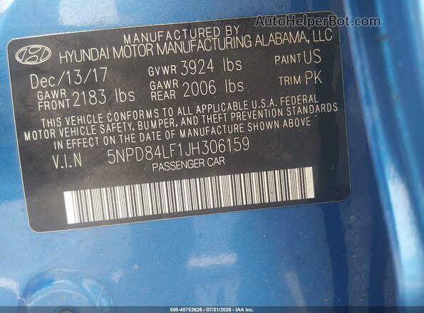 5NPD84LF1JH306159 2018 HYUNDAI ELANTRA Blue Вид підкапотного простору