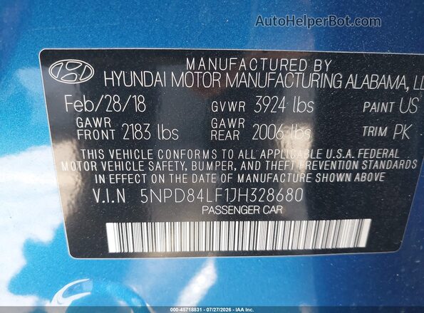 5NPD84LF1JH328680 2018 HYUNDAI ELANTRA Синий Вид подкапотного пространства