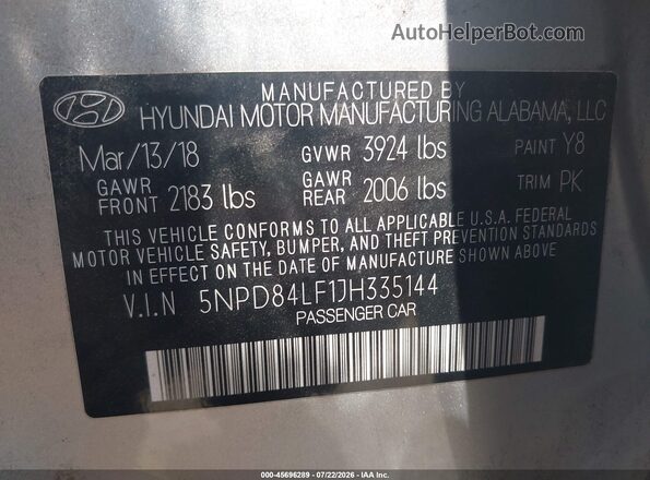 5NPD84LF1JH335144 2018 HYUNDAI ELANTRA Silver Engine compartment view