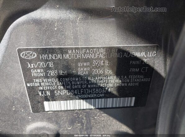 5NPD84LF1JH380374 2018 HYUNDAI ELANTRA Gray Engine compartment view