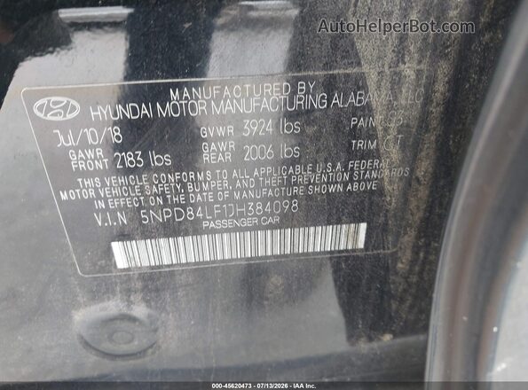 5NPD84LF1JH384098 2018 HYUNDAI ELANTRA Black ძრავის განყოფილების ხედი