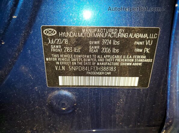 5NPD84LF1JH388183 2018 HYUNDAI ELANTRA Blue VIN კოდის სტიკერის ხედი