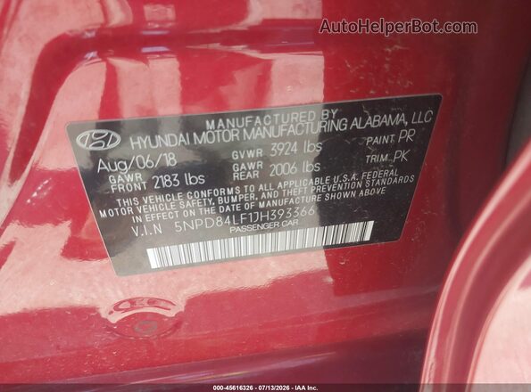 5NPD84LF1JH393366 2018 HYUNDAI ELANTRA Red Engine compartment view