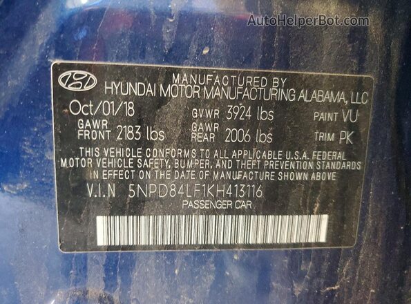 5NPD84LF1KH413116 2019 HYUNDAI ELANTRA Blue Вид підкапотного простору