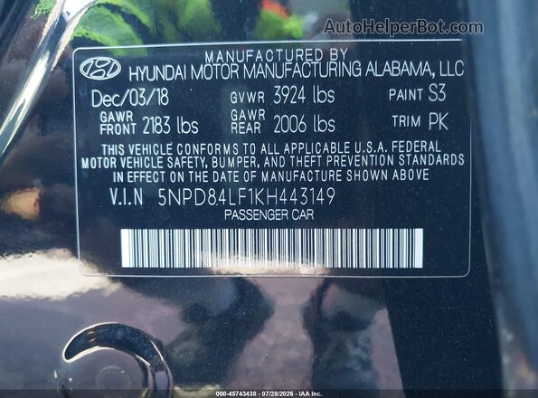 5NPD84LF1KH443149 2019 HYUNDAI ELANTRA Black Widok komory silnika
