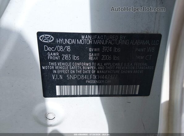 5NPD84LF1KH447377 2019 HYUNDAI ELANTRA White Вид підкапотного простору