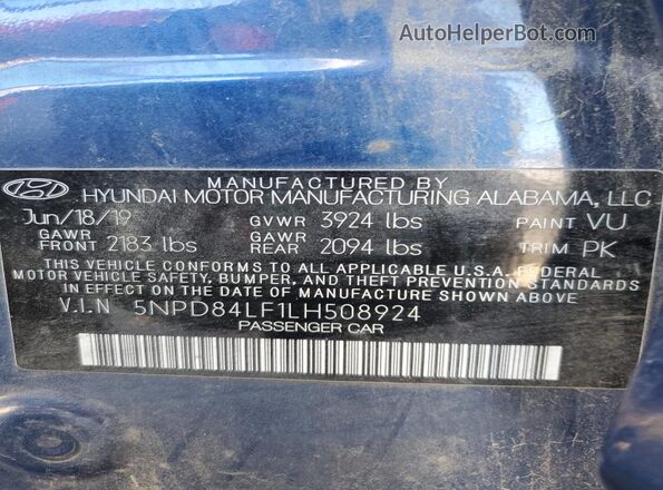 5NPD84LF1LH508924 2020 HYUNDAI ELANTRA Blue Widok naklejki z numerem VIN