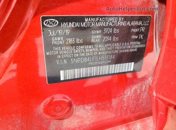 5NPD84LF1LH513184 2020 HYUNDAI ELANTRA Красный Вид наклейки с VIN-кодом