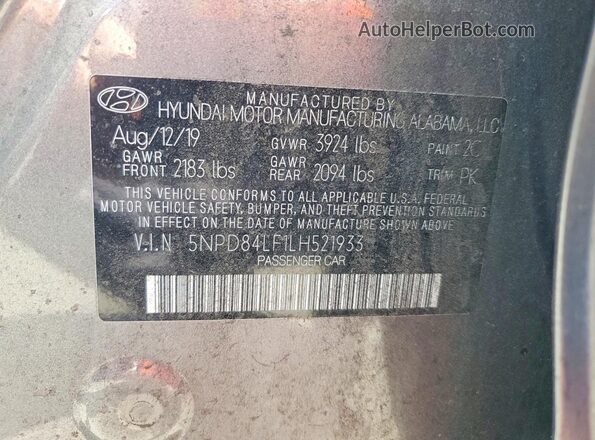 5NPD84LF1LH521933 2020 HYUNDAI ELANTRA Gray Вид підкапотного простору