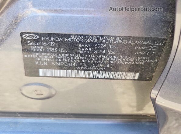 5NPD84LF1LH538442 2020 HYUNDAI ELANTRA Charcoal VIN կոդի պիտակի տեսք