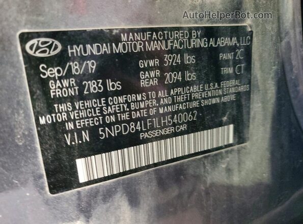 5NPD84LF1LH540062 2020 HYUNDAI ELANTRA Gray ძრავის განყოფილების ხედი