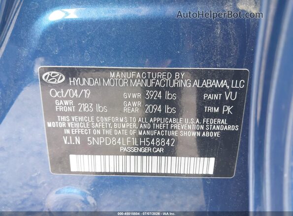 5NPD84LF1LH548842 2020 HYUNDAI ELANTRA Blue Вид підкапотного простору