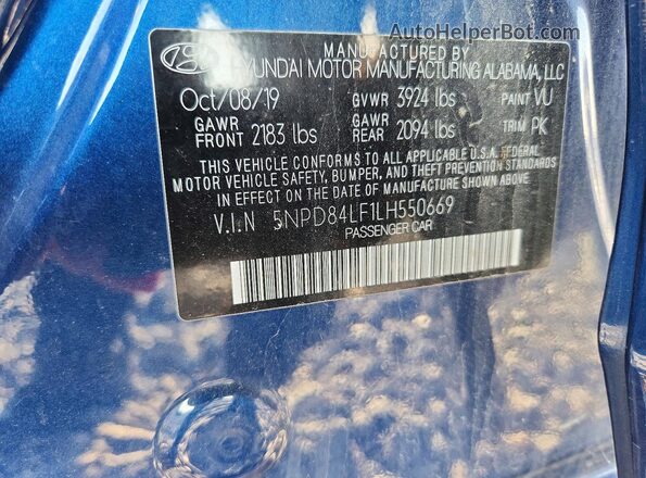 5NPD84LF1LH550669 2020 HYUNDAI ELANTRA Blue Widok komory silnika