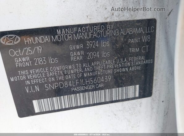 5NPD84LF1LH560439 2020 HYUNDAI ELANTRA Белый Вид наклейки с VIN-кодом