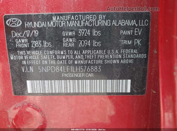 5NPD84LF1LH576883 2020 HYUNDAI ELANTRA Red Engine compartment view