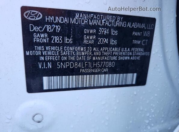 5NPD84LF1LH577080 2020 HYUNDAI ELANTRA White Vista del compartimento del motor