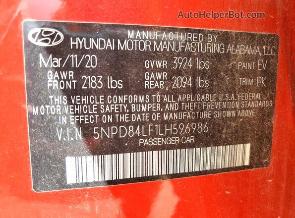 5NPD84LF1LH596986 2020 HYUNDAI ELANTRA Red Vista del compartimento del motor
