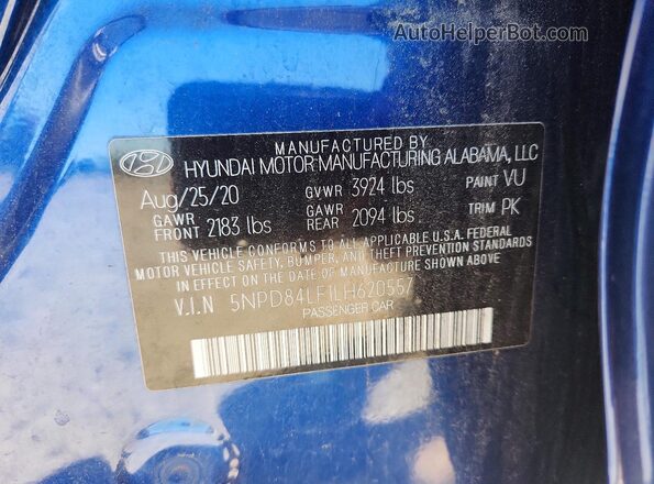 5NPD84LF1LH620557 2020 HYUNDAI ELANTRA Blue Շարժիչի բաժամունքի տեսք