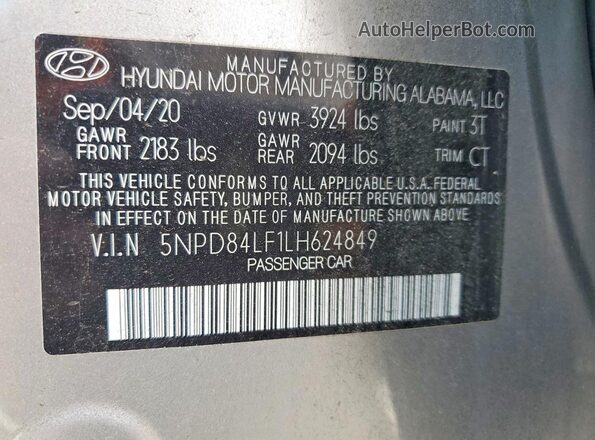 5NPD84LF1LH624849 2020 HYUNDAI ELANTRA Серебряный Вид наклейки с VIN-кодом