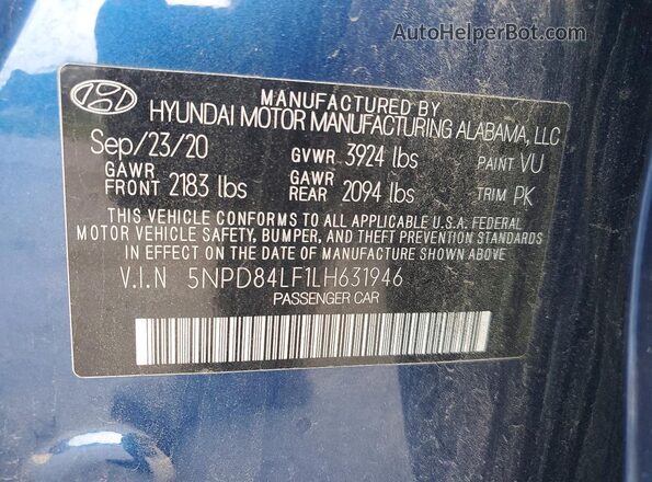 5NPD84LF1LH631946 2020 HYUNDAI ELANTRA Blue VIN კოდის სტიკერის ხედი