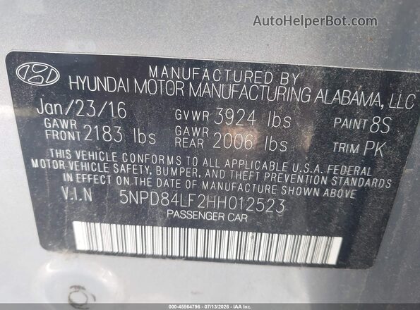5NPD84LF2HH012523 2017 HYUNDAI ELANTRA Silver Vista del compartimento del motor