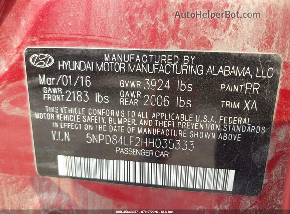 5NPD84LF2HH035333 2017 HYUNDAI ELANTRA Maroon Vista del compartimento del motor