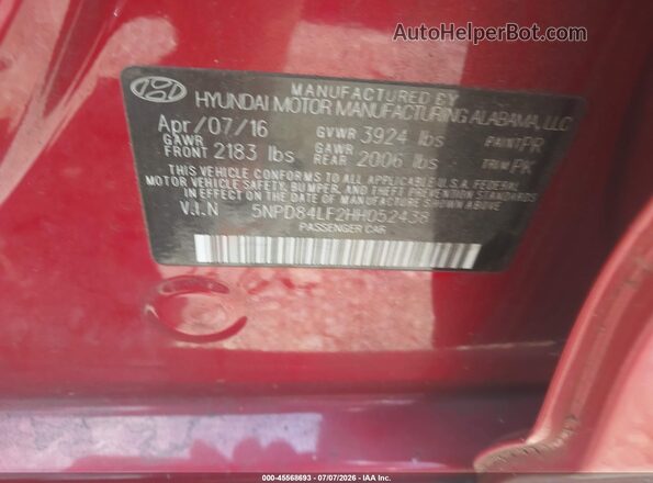 5NPD84LF2HH052438 2017 HYUNDAI ELANTRA Red Vista del compartimento del motor