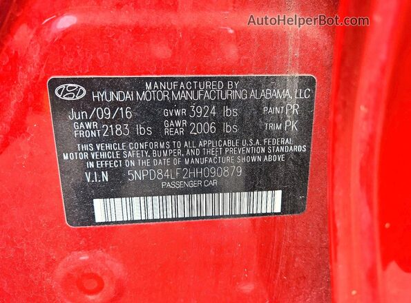 5NPD84LF2HH090879 2017 HYUNDAI ELANTRA Red ძრავის განყოფილების ხედი
