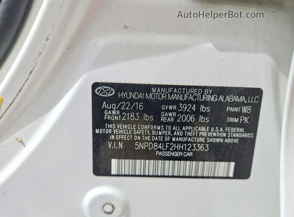 5NPD84LF2HH123363 2017 HYUNDAI ELANTRA White Շարժիչի բաժամունքի տեսք