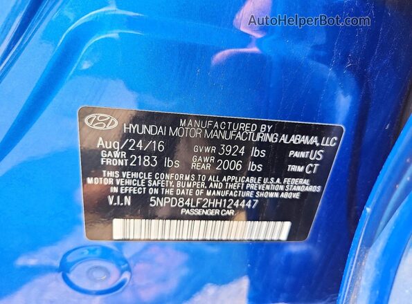 5NPD84LF2HH124447 2017 HYUNDAI ELANTRA Blue ძრავის განყოფილების ხედი