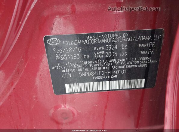 5NPD84LF2HH140101 2017 HYUNDAI ELANTRA Red Engine compartment view