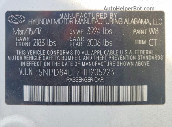 5NPD84LF2HH205223 2017 HYUNDAI ELANTRA Белый Вид наклейки с VIN-кодом