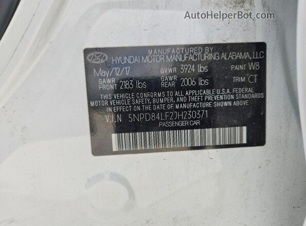 5NPD84LF2JH230371 2018 HYUNDAI ELANTRA White Vista de la etiqueta del VIN