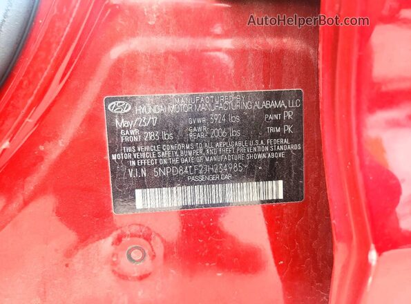 5NPD84LF2JH234985 2018 HYUNDAI ELANTRA Red VIN კოდის სტიკერის ხედი