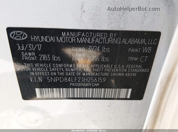 5NPD84LF2JH256159 2018 HYUNDAI ELANTRA White Вид підкапотного простору