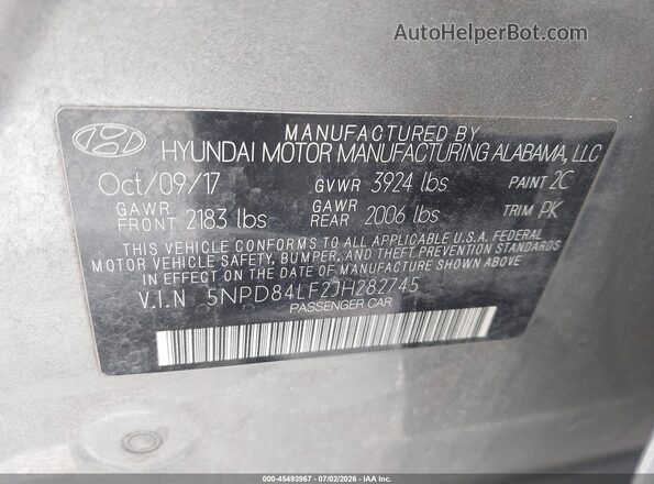 5NPD84LF2JH282745 2018 HYUNDAI ELANTRA Gray Widok komory silnika