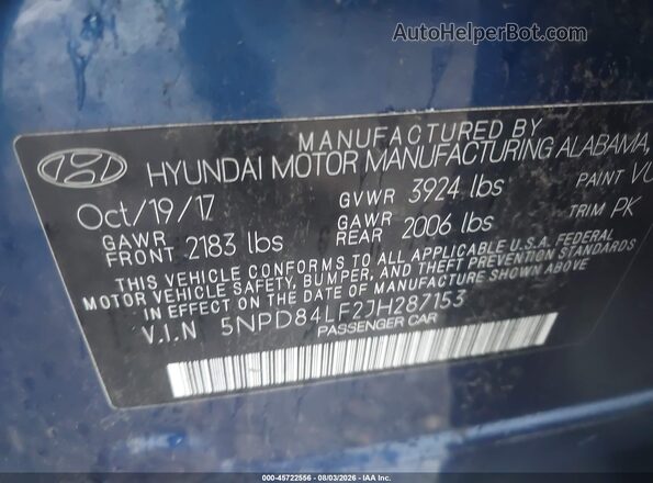 5NPD84LF2JH287153 2018 HYUNDAI ELANTRA Синий Вид подкапотного пространства