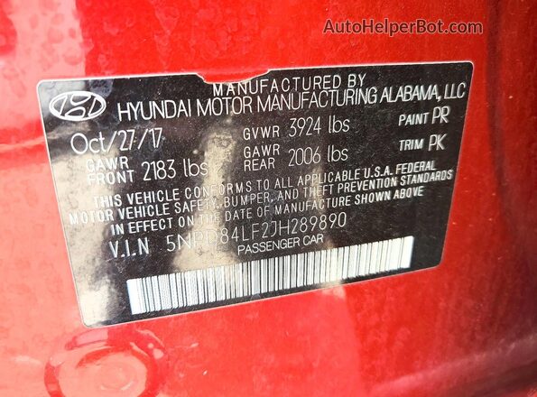 5NPD84LF2JH289890 2018 HYUNDAI ELANTRA Красный Вид наклейки с VIN-кодом