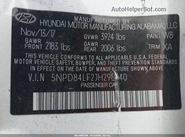 5NPD84LF2JH295740 2018 HYUNDAI ELANTRA White Widok komory silnika