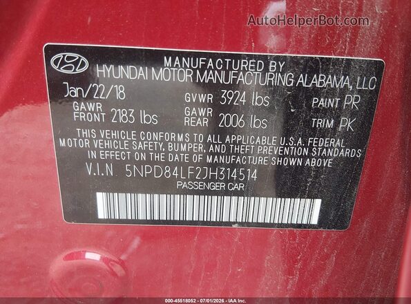 5NPD84LF2JH314514 2018 HYUNDAI ELANTRA Red ძრავის განყოფილების ხედი