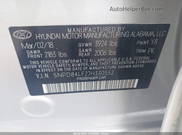 5NPD84LF2JH330552 2018 HYUNDAI ELANTRA Silver ძრავის განყოფილების ხედი