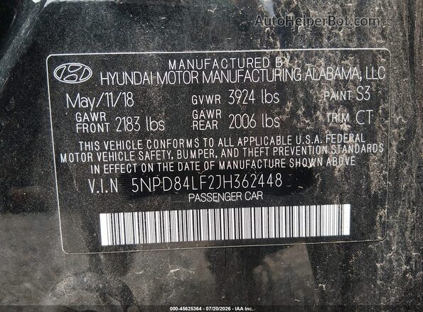 5NPD84LF2JH362448 2018 HYUNDAI ELANTRA Black ძრავის განყოფილების ხედი