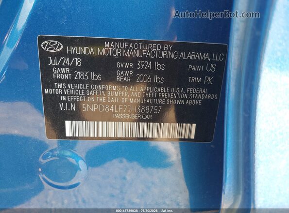 5NPD84LF2JH388757 2018 HYUNDAI ELANTRA Синий Вид подкапотного пространства